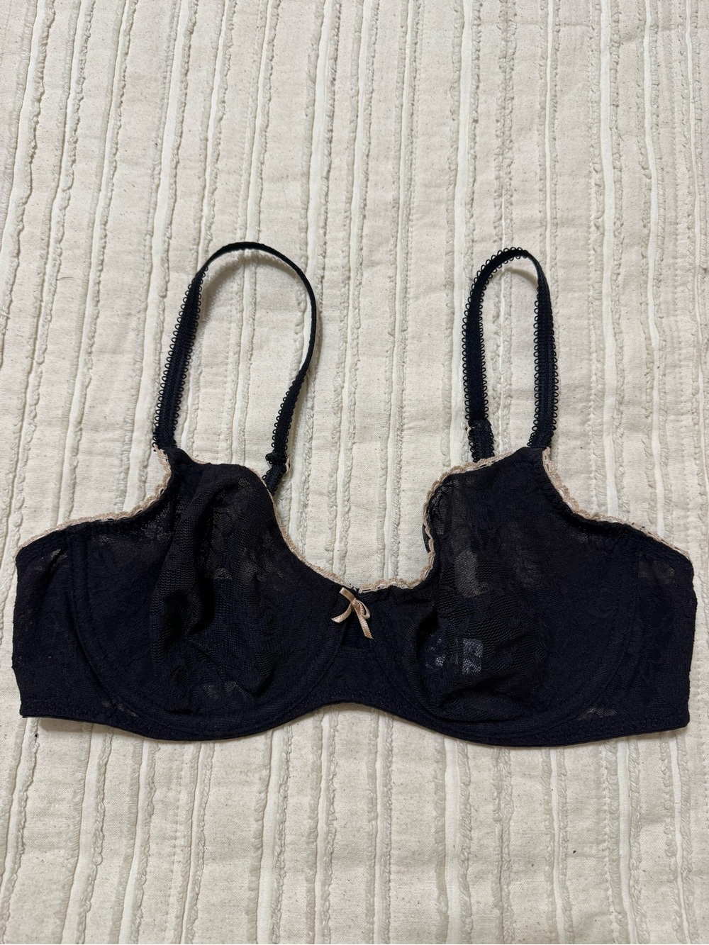 B. Tempt’D Black Sheer Lace Underwire Bra with Nude Trim and Bow Detail
